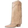 RONILURN Women's Fold-Over Mid-Calf Chunky Heel Snip-Toe Studded Pull-On Cowboy Boots - Beige Fashion Shoe with Stylish Design, Casual Women's Shoes for Heels Lovers