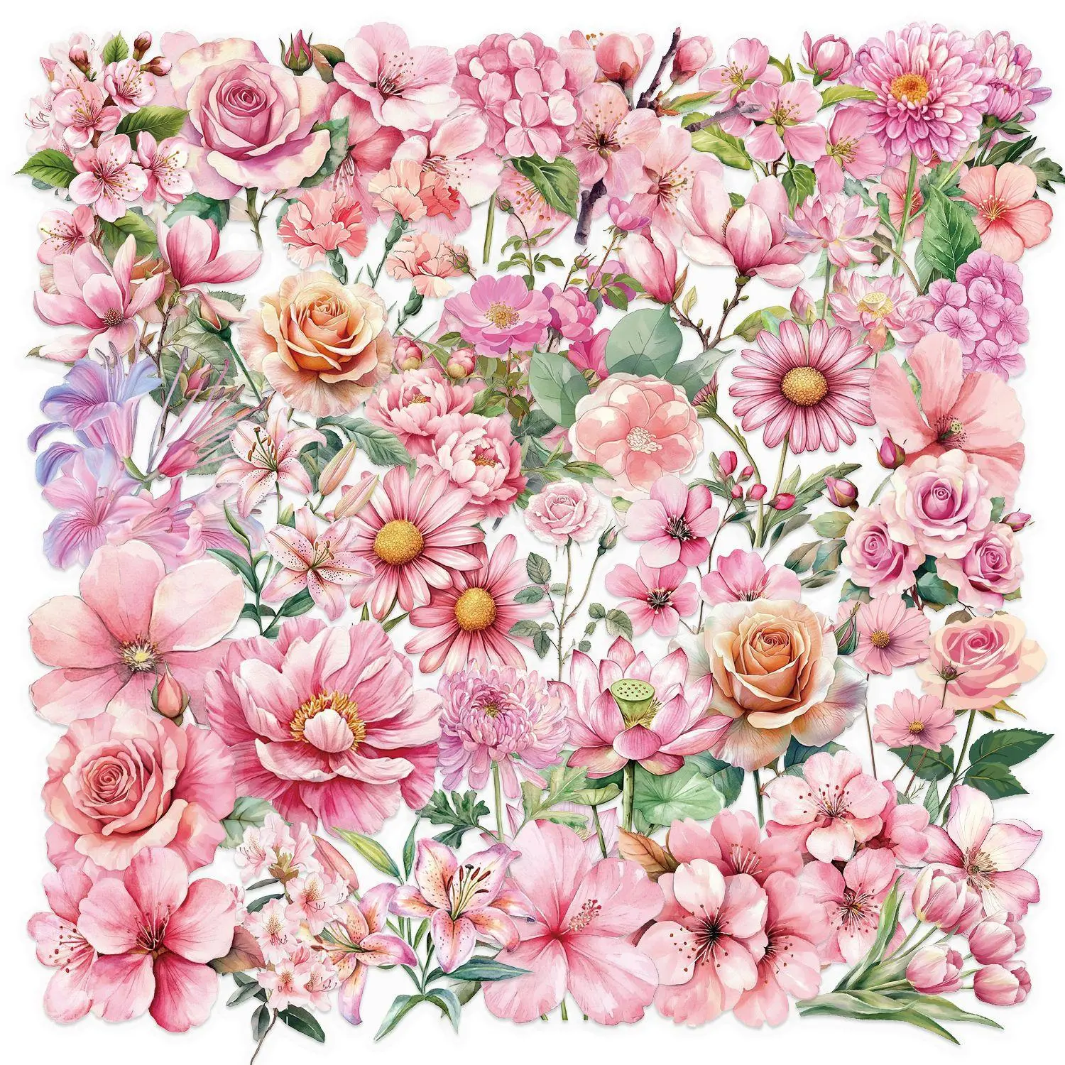 Flower Pattern Sticker, Floral Pattern Sticker, 50pcs/set Watercolor Flower Sticker, Decorative Sticker for DIY Scrapbooking, Journaling, Gift Wrapping, Greeting Card, Art Stickers, Sticker Packs, Decal Sticker