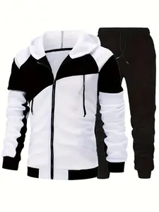 2025 Fashion New Men's Autumn Winter Sportswear Set Color Block Hooded Zipper Jacket & Breathable Jogging Pants Adjustable Belt Outdoor Sports Clothes Menswear Outfit Personalized Sporty Stylish Top