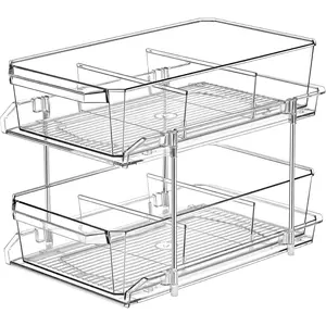 2 Tier Clear Organizer with Dividers for Cabinet Shelf Counter, Multi-Use Slide-Out Storage Container for Kitchen Pantry Medicine Cupboard Bathroom Vanity Makeup Under Sink Organizing