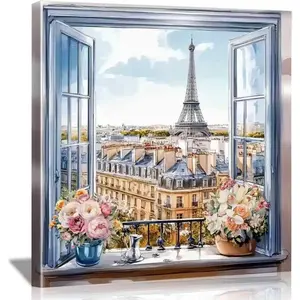 Framed Paris Window Wall Art 16x16 Inch Eiffel Tower View with Flowers Canvas Print French Romantic Cityscape Artwork for Living Room Bedroom Bathroom Home Decor (Eiffel Tower View 03, 20L*20W)