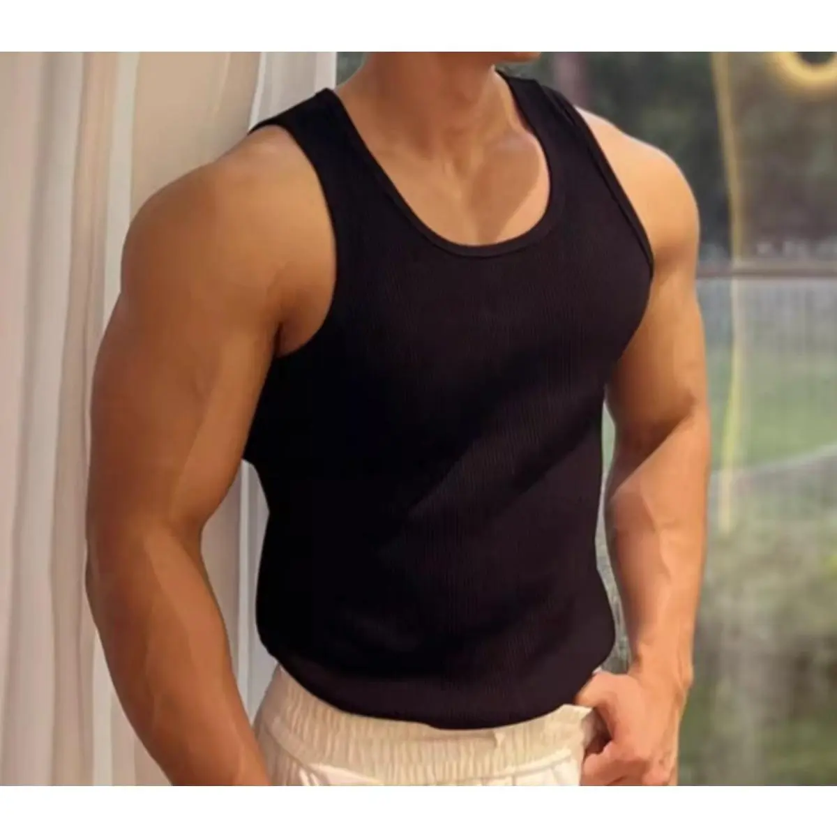 Men's Wide Strap Ribbed Tank Top, High Stretch Breathable Muscle Tank, Heavyweight Drapey Fit Gym & Casual Sleeveless Shirt