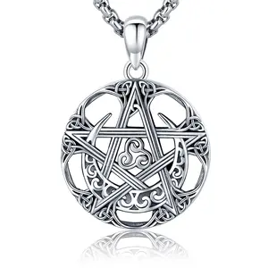 Sebina S925 Pentagram Necklace Pentacle Charm 925 Sterling Silver Jewelry Celtic Knot Triskele Star Pendant Necklace Gifts for Women Men Birthday Anniversary Lover Graduation Belief