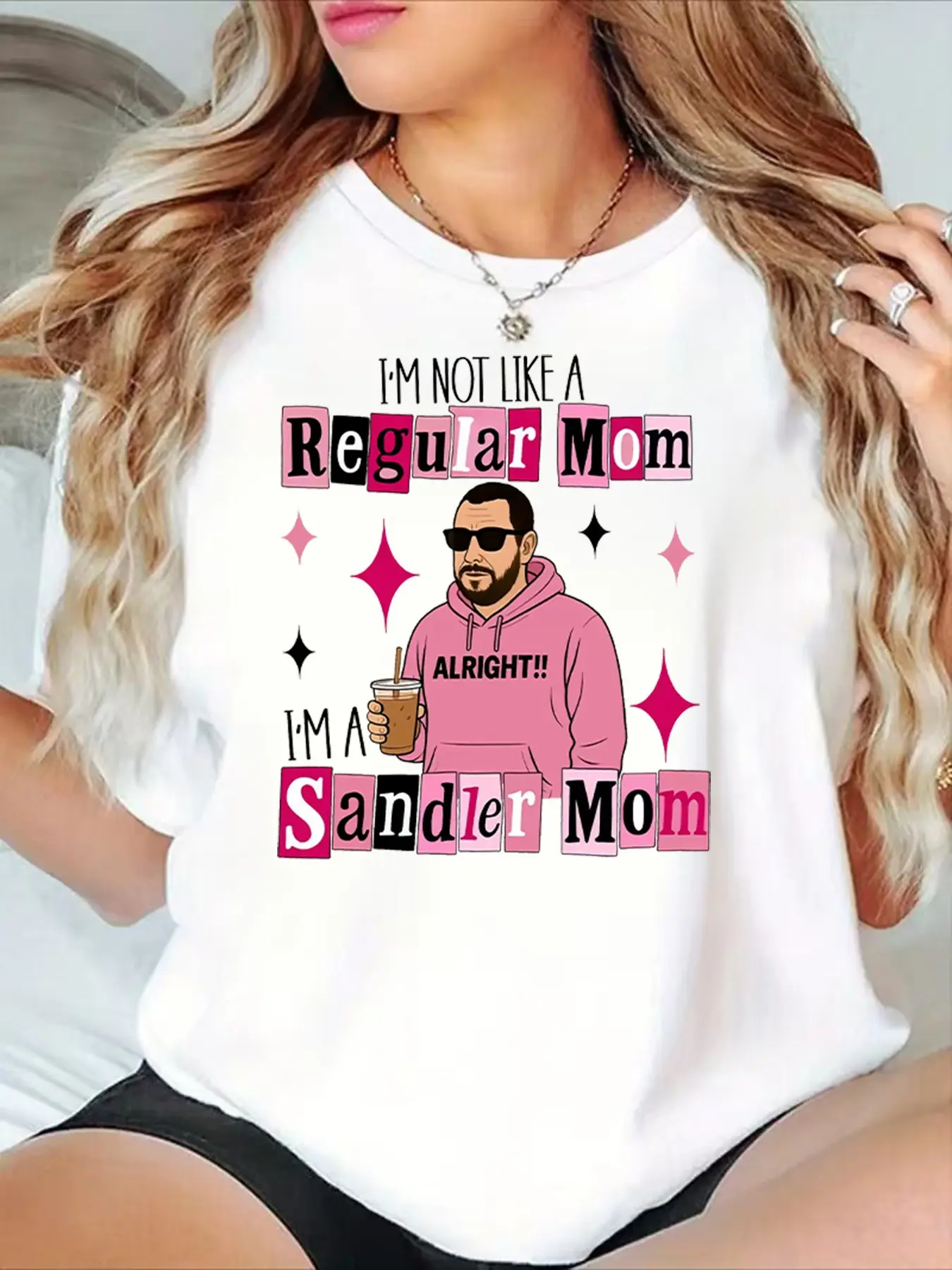 Women's Fashion Spring summer Style T-shirt Featuring a Cartoon Adam Sandler Print Paired with the Playful Text Not Just a Mom, She's a Sandler Mom, Creating a Fun Fan Culture Vibe