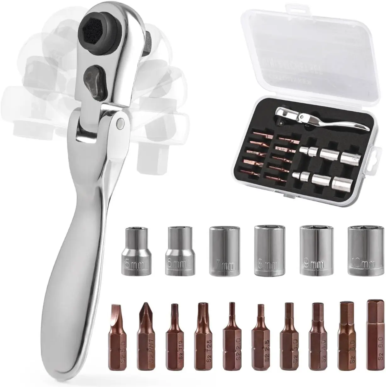 Mini Right Angle Ratchet Screwdriver Set with 1/4" Flex Wrench, Bits & Sockets for Tight Spaces COTOUXKER