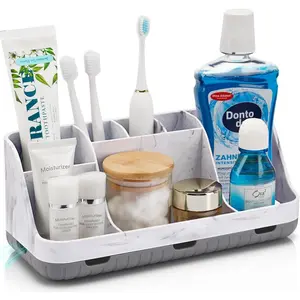 Marble Bathroom Countertop Organizer - Detachable 7 Slots Kids Electric Toothbrush and Toothpaste Holde Drainage for Bathroom Accessories Organization Counter Vanity Storage, Grey