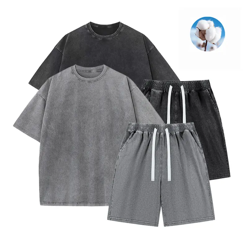 Vintage Washed Cotton Tracksuit 2 Piece Outfit Men Oversized Crew Neck Short Sleeve T-Shirt Elastic Drawstring Waist Baggy Shorts Set Casual Loose Fit Summer Matching Set Streetwear Daily Lounge Co-Ord Outfit