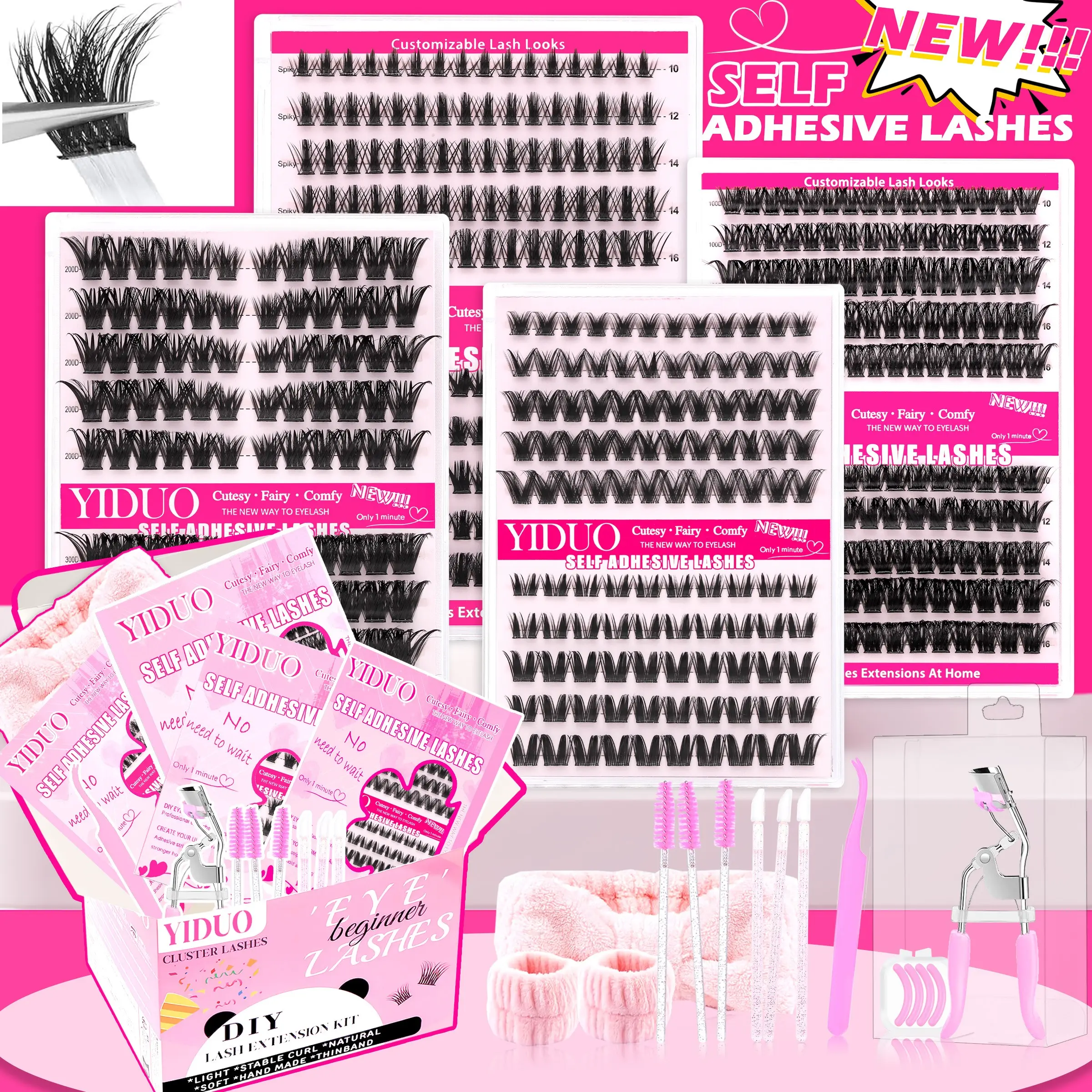 YIDUO 4-Pack Self-Adhesive Fluffy Eyelash Clusters, Eyelash Cluster Set, 8 Styles: 100D/200D/300D Fine-Strand Press-On Lashes, Pre-glued DIY Eyelash Extension Kit, 10-18mm D-Shaped Curl, Eyelash Extension Kit with Tools, Easy to Apply