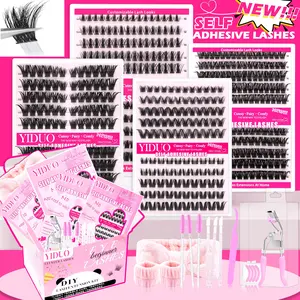 YIDUO 4-Pack Self-Adhesive False Eyelash Clusters, Fluffy Lash Clusters – 8 Styles: 100D/200D/300D Fine-Strand Press-On Lashes, Pre-glued DIY Eyelash Extension Kit, 10-18mm D-Shaped Curl, No Glue Required, Eyelash Extension Kit with Tools, Easy to Apply