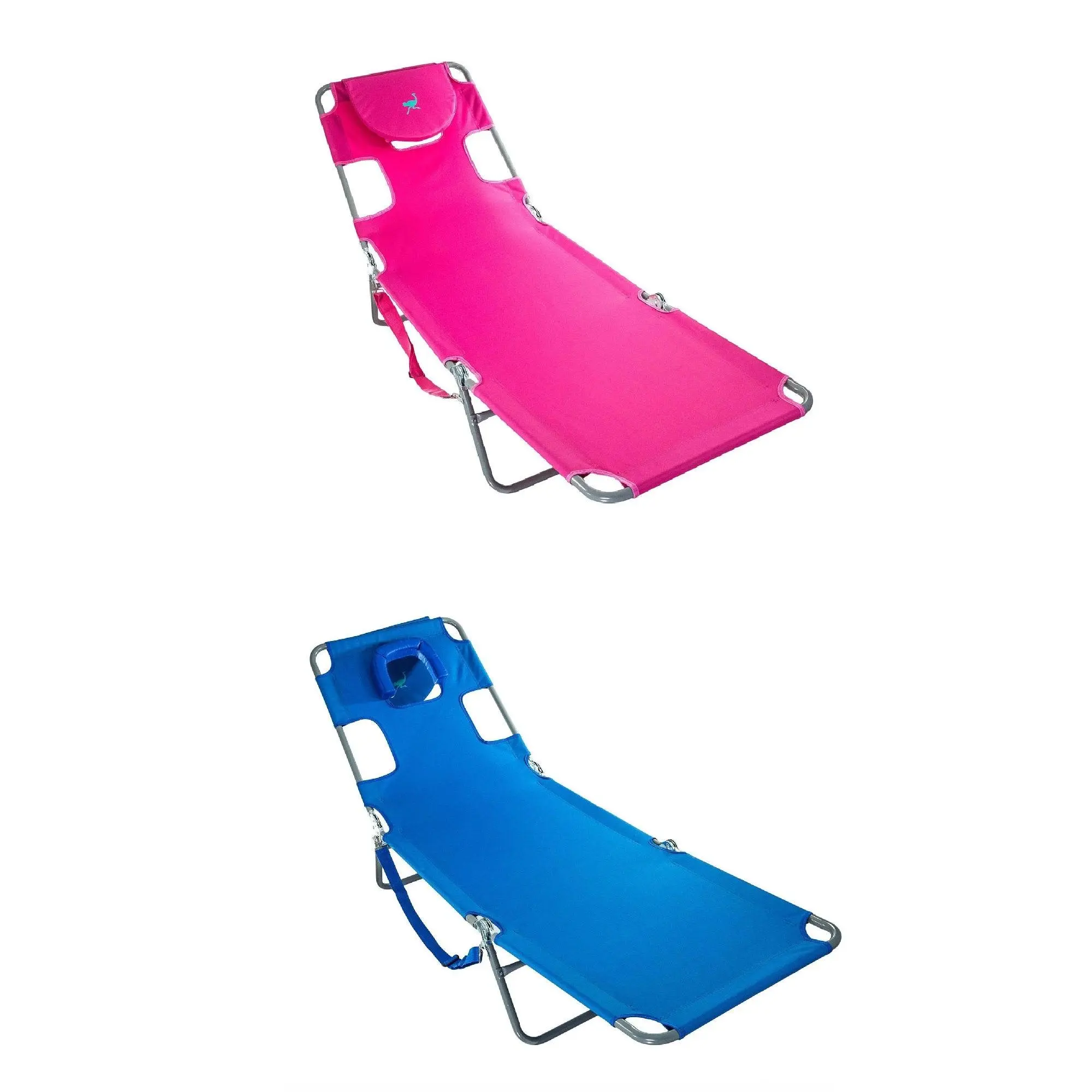 Ostrich Chaise Lounge Folding Sunbathing Poolside and Beach Chair, Pink & Blue Ostrich Chaise Lounge Folding Sunbathing Poolside and Beach Chair, Pink & Blue