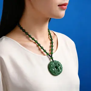 Green Jade Pixiu Donut Pendant Beaded Necklace, 24 Inches (60cm), Natural Stone Hand Carved Feng Shui Lucky Necklace for Men Women, Spiritual Jewelry Gift