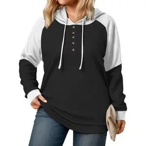 Plus-Size-Hoodies for Women Trendy Color Block Tops Raglan Long Sleeve Drawstring Button Hooded Waffle Sweatshirts VPS0228