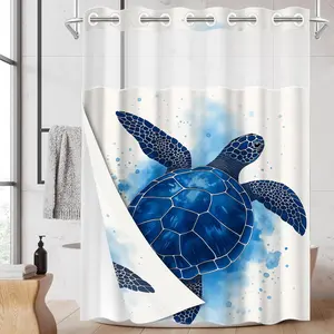 1PC Double Layer Shower Curtain, No Hooks, Watercolor Blue Sea Turtle Print Waterproof Fabric, Ocean Themed Home Decor, Fresh Whimsical Aesthetic, Hotel Bathroom Accessory, Detachable Buckle Shower Curtain and Liner, Bathroom Room Divider, Wall