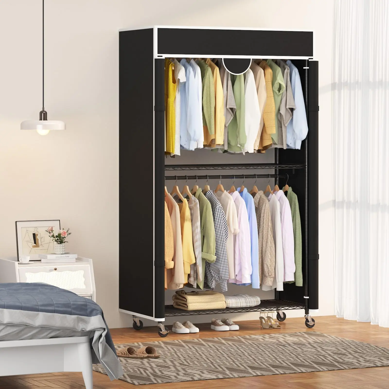 Portable Wardrobe Closet on Wheels, 485LBS Capacity Heavy Duty Garment Rack with Cover, Freestanding Clothes Rack Organizer for Bedroom Dorm Laundry
