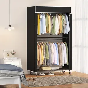 Portable Wardrobe Closet on Wheels, 485LBS Capacity Heavy Duty Garment Rack with Cover, Freestanding Clothes Rack Organizer for Bedroom Dorm Laundry