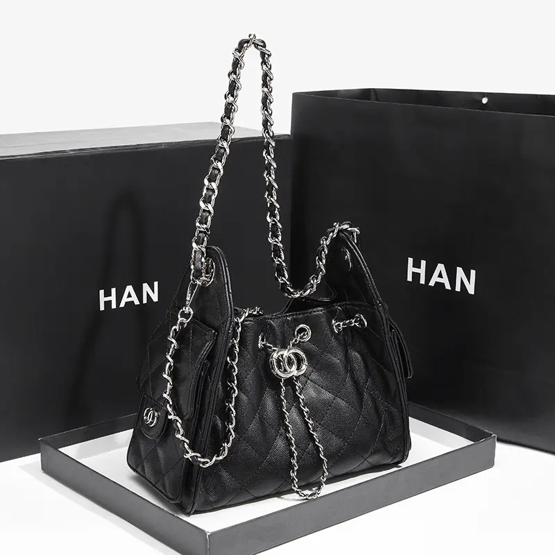 2026 New Quilted Hobo Bucket Bag – Vintage-Style Shoulder/Underarm Bag with Chain & Drawstring Closure