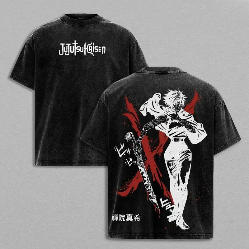 Valentine Shirts Maki Zenin Vintage Washed Tee Jujutsu Kaisen Execution Culling Game Arc Retro Oversized Heavy Cotton Double Printed Anime Manga T Shirt Unisex Streetwear Graphic Top The Demon of Zenin Clan Edition For Anime Fans Daily Casual Lifestyle We