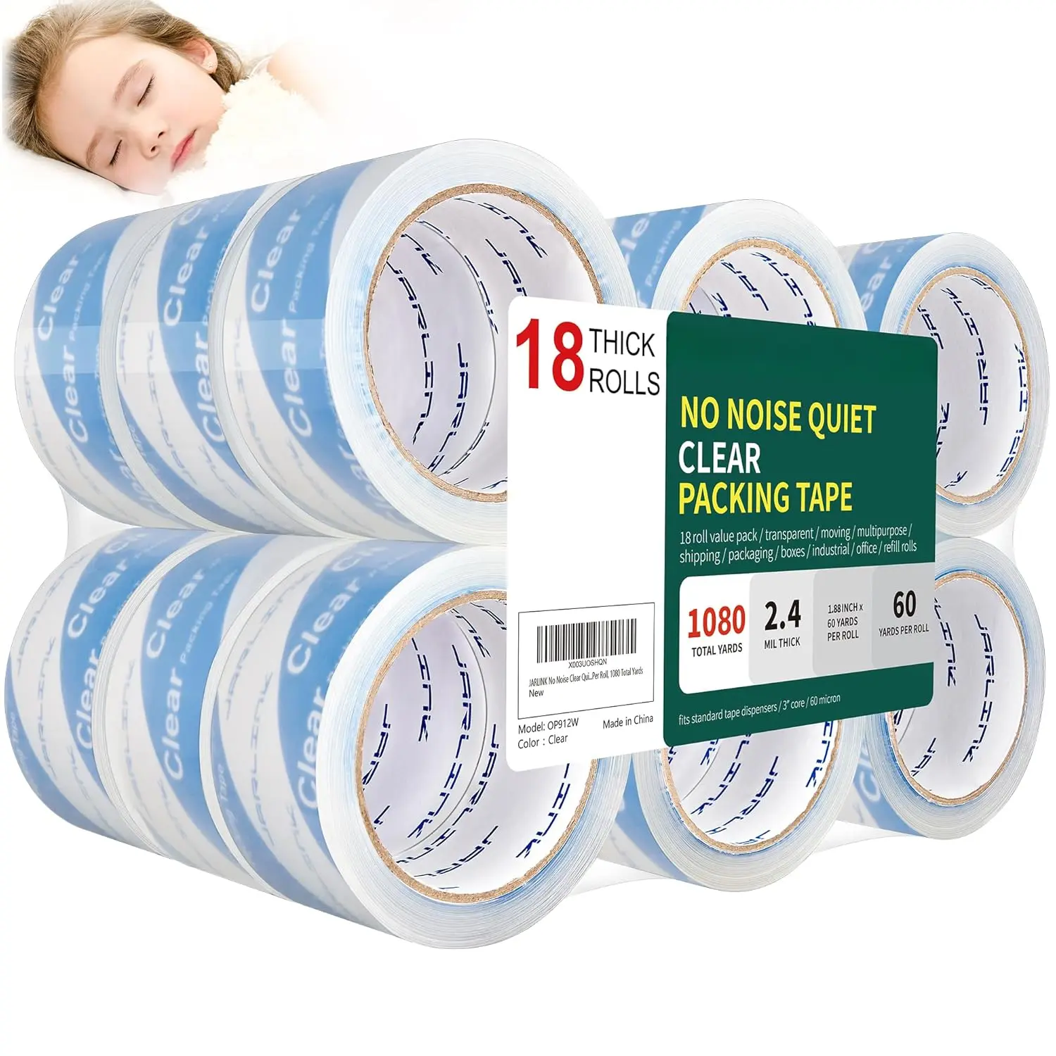 No Noise Clear Quiet Packing Tape (18 Rolls), Heavy Duty Packaging Tape for Shipping Packaging Moving Sealing, 2.4mil Thick, 1.88 inches Wide, 60 Yards Per Roll, 1080 Total Yards