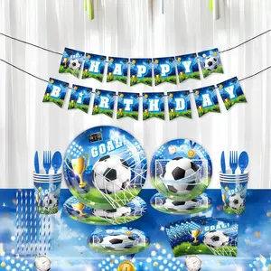 Blue World Cup Birthday Party Supplies for Boys, Soccer Theme Disposable Dinnerware Set, Football Fan Decorations, Complete Party Kit
