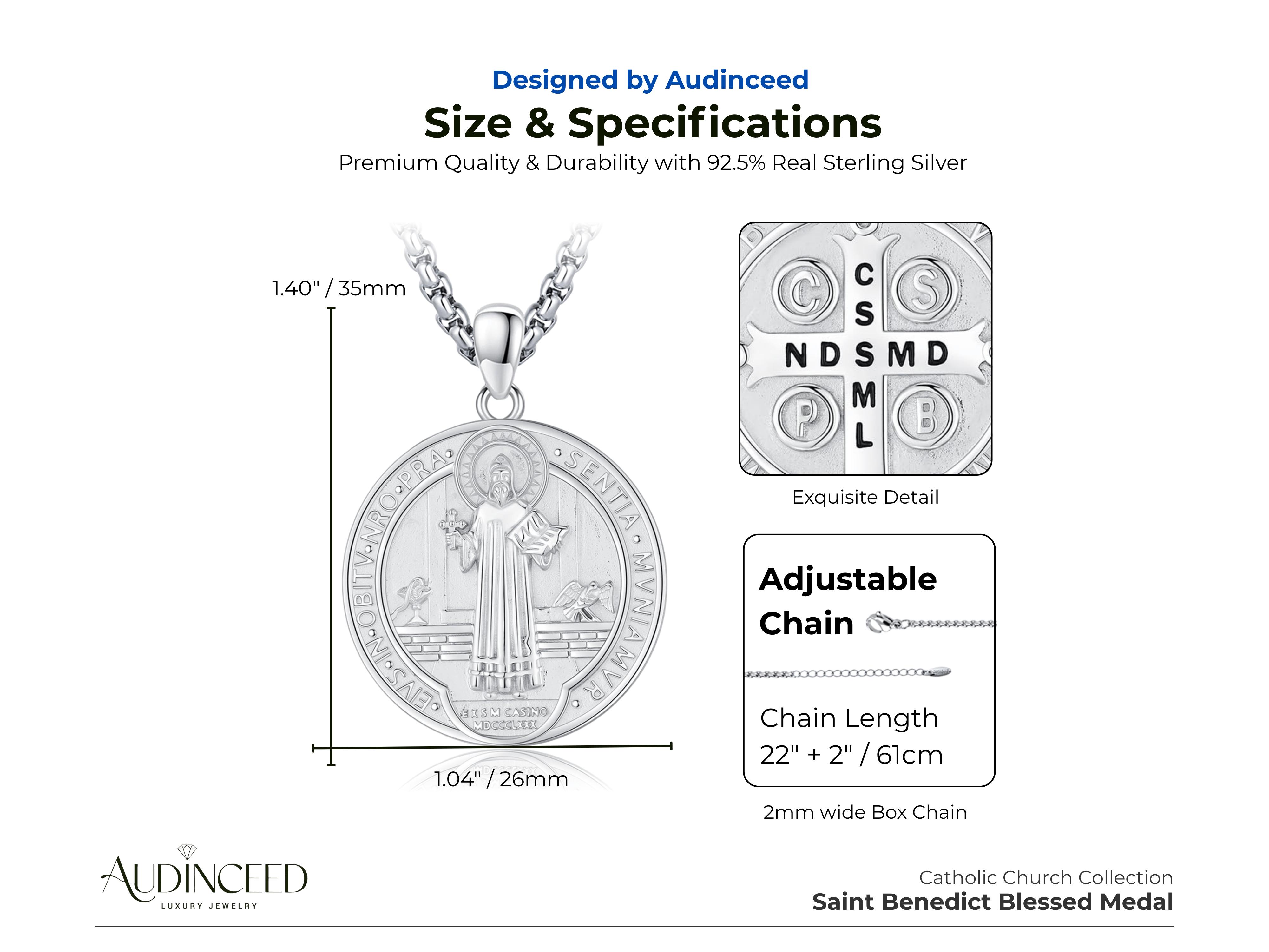 Audinceed St Benedict Coin Pendant Necklace S925 Sterling Silver San Benito Necklace Religious Inspired Jewelry Christian Gift for Men Women Teens Birthday Anniversary