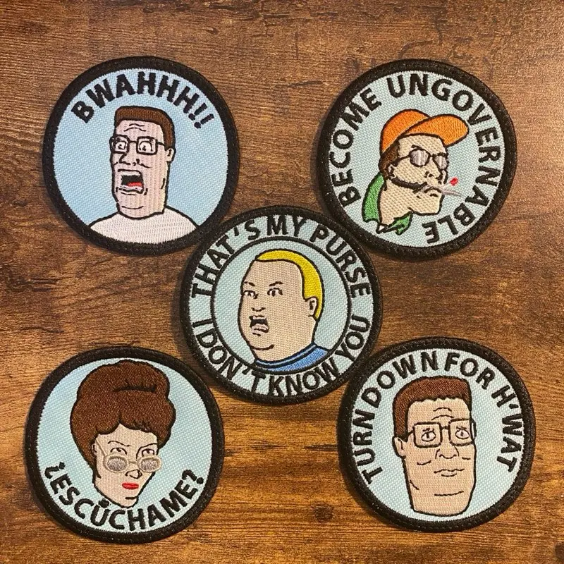 Humorous King Of The Hill Custom Embroidery Patches - Fabric Sewing Accessories, 3 Sizes, Iron-On, Sew-On/Velcro Hook Backings, Multiple Designs for Those Who Appreciate Humor, Sew-On for Secure DIY Patches to Personalize Backpacks with Humor