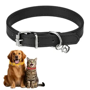 PETAXCELL Dog Collar with Bell, Pu Leather Cat Collars Pet Basic Soft Padded Adjustable Buckle, 14.5" (Black, 1pcs), Intended for Teacup / Little Dog / Kitten Cats / Small Animals