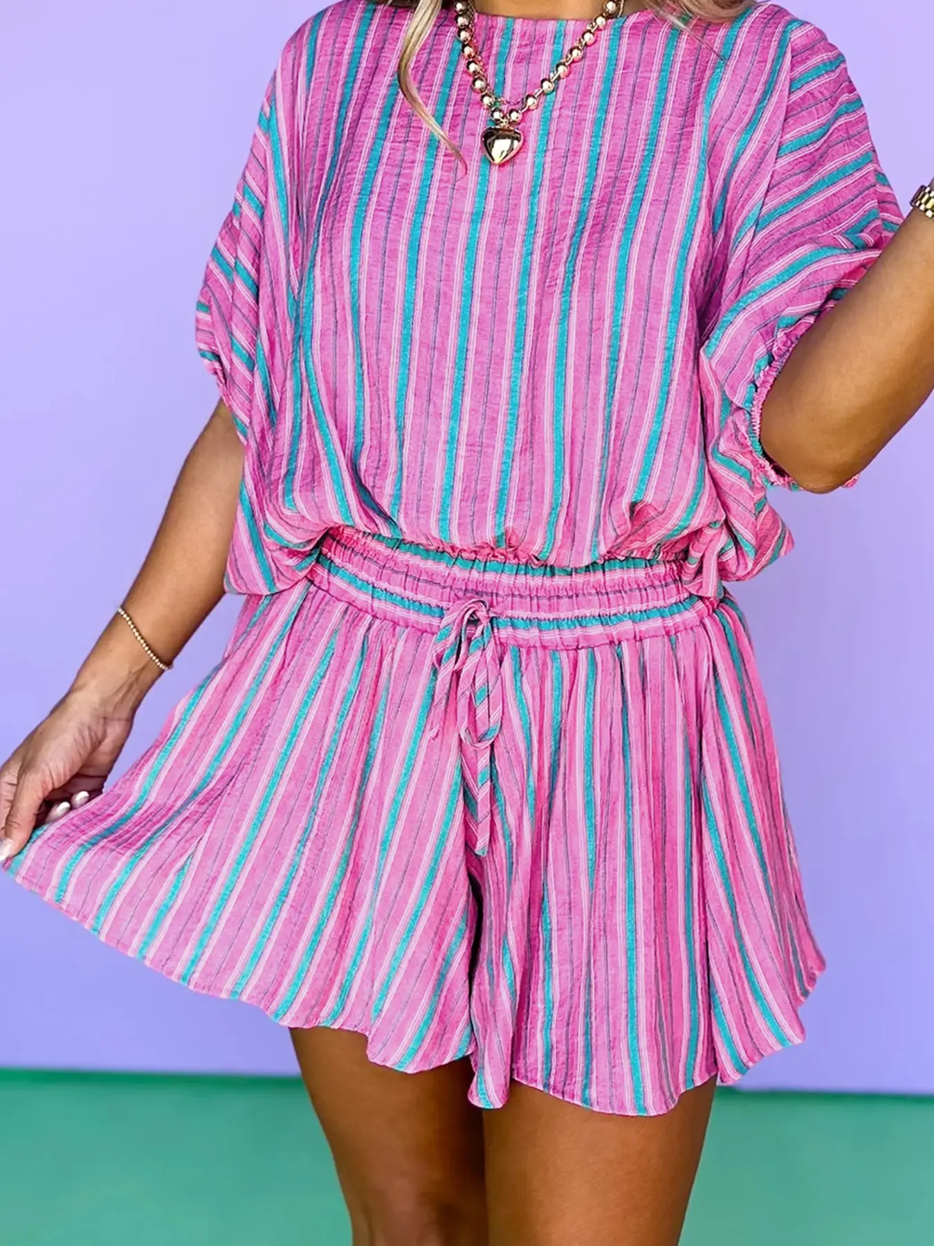 Summer Casual Striped Batwing Sleeve Short Sleeve Top, Drawstring Elastic Waist, Loose Fit Shorts Set, Comfortable and Stylish, Short Sets, Womenswear