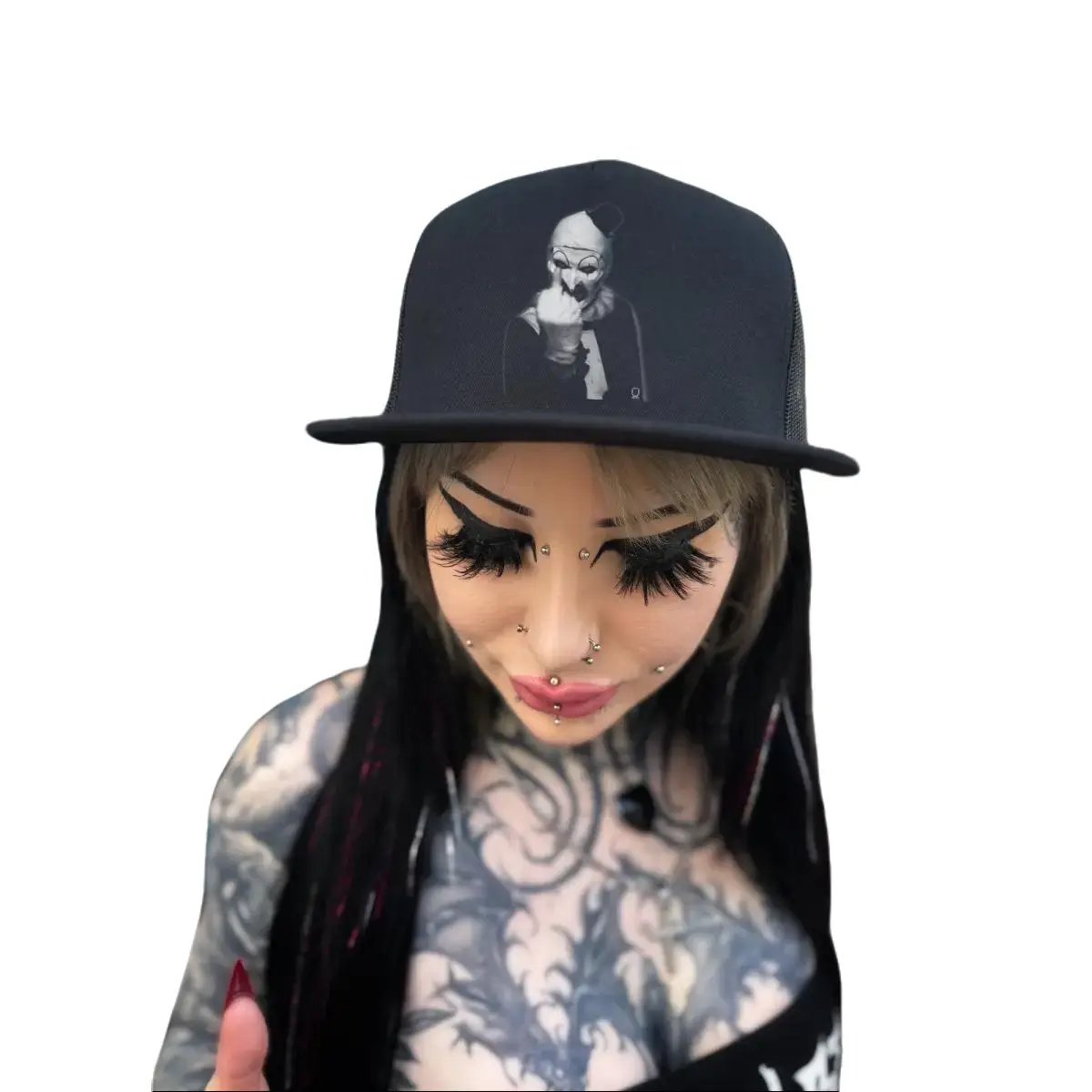 TheDriveClothing Terrifier Black Flat Bill Hat – Snapback Cap, Flat Brim Trucker Hat, White Pink Graphic Mesh Back Adjustable Hat, Unisex Streetwear