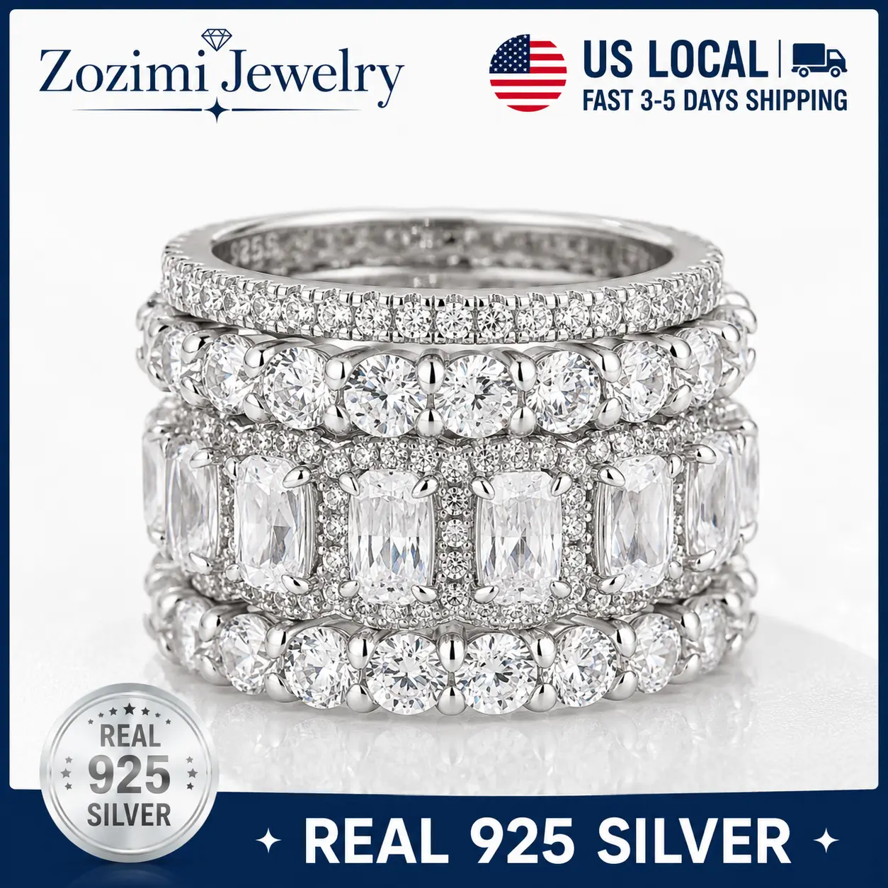 S925 Sterling Silver 10CT Multi-Layer Stackable Ring Set for Women, Luxury 5A Cubic Zirconia Statement Wedding Engagement Jewelry, Stunning Ring Set, Wedding Ring