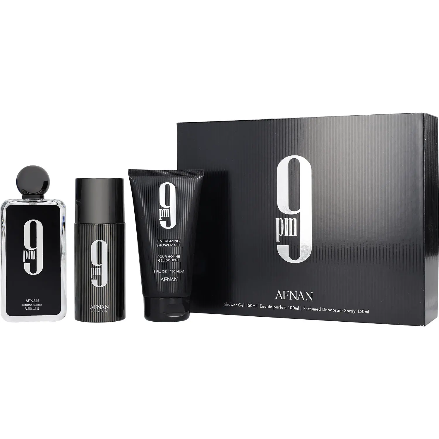 Afnan 9 Pm Set-Eau De Parfum Spray 3.4 Oz & Shower Gel 5 Oz & Deodorant Spray 5 Oz For Men