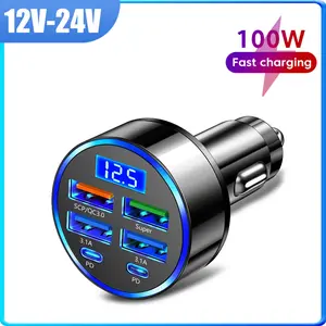 6-in-1 USB C Car Charger Adapter, [Digital Voltage Display] 60W Super Fast Charging PD/QC 3.0, 4USB + 2PD Type C Car Charger Compatible with iPhone 15 14 13 Pro Max, Samsung Galaxy, iPad, Black