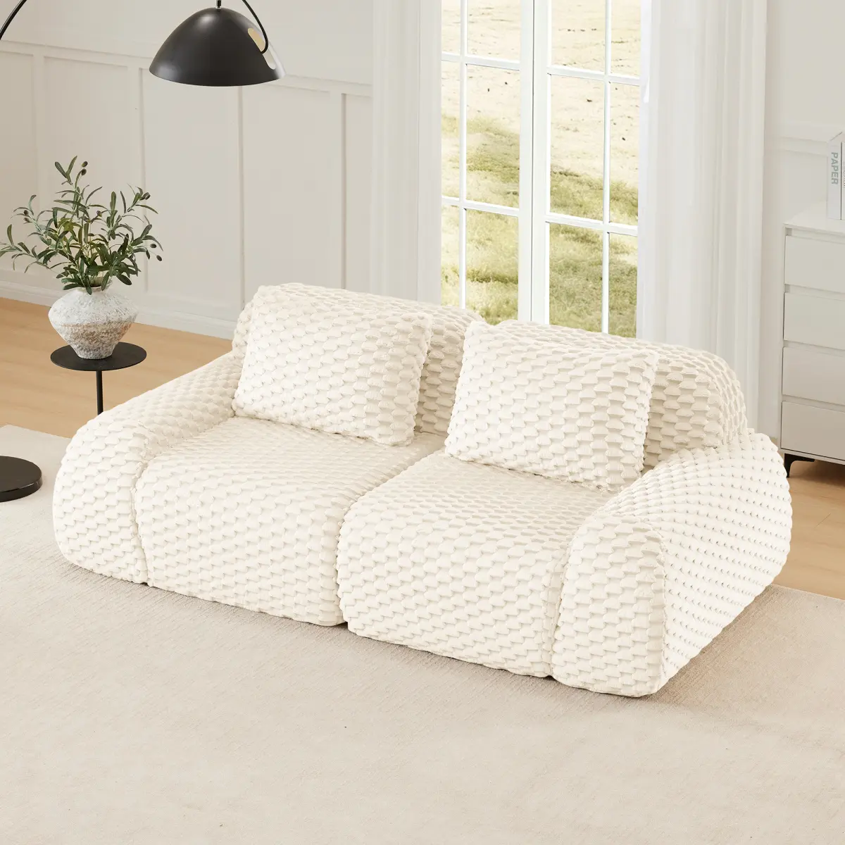 82" Modern Modular Sectional Sofa - Fully Assembled Flannelette Fabric Indoor Living Room Furniture, 2-Seater with Sponge, Armrest, Footrest, Cushion, Highly Textured Oversized Boneless Deep Seat, Buckle Connection, Anti-Slip Design, Cream, Comfy Couch