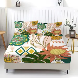 3Pcs Bohemian Tropical Floral Fitted Sheet Set, Boho Folk Art Print Bed Sheet Set, No Fillers Bedding Set for Bedroom, Living Room & Dorm, Soft & Stylish Bedding Decor for All Seasons