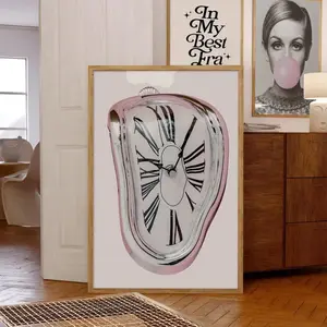 Trendy Retro Melting Clock Pink Black and White Fashion Stylish Prints Decor Office Aesthetic Cool Girly Wall Art Stockholm Style Room Decor Unframed