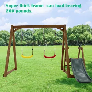 Wood Swing Set for Backyard, 2 in 1 Outdoor Swing Set with Slide, Climbing Rope Ladder Kids Backyard Playset