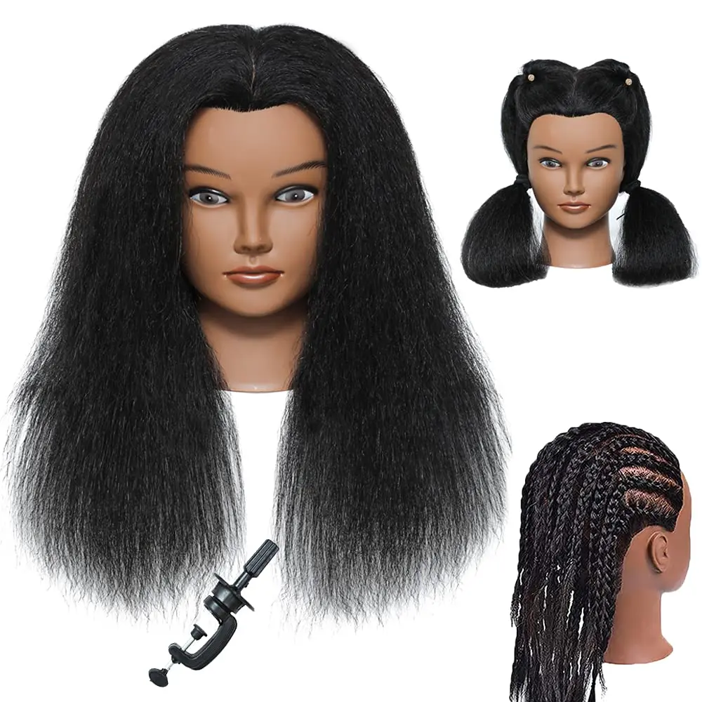 Mannequin  with Human Hair  Real Hair Manikin  Doll  Hairdresser Practice Styling   with Free Clamp Holder (14 inch-D1)