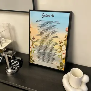 2D Flat, 1 Piece Psalm 91 Bilingual Spanish and English Retro Frame Canvas Wall Art, Vintage Art, Religious Prints - Flowers and Sky Design, Modern Classic Style, Ink Canvas, Ready-to-Hang Home Office Cafe Decoration, Perfect Gift for Holidays and Birthda