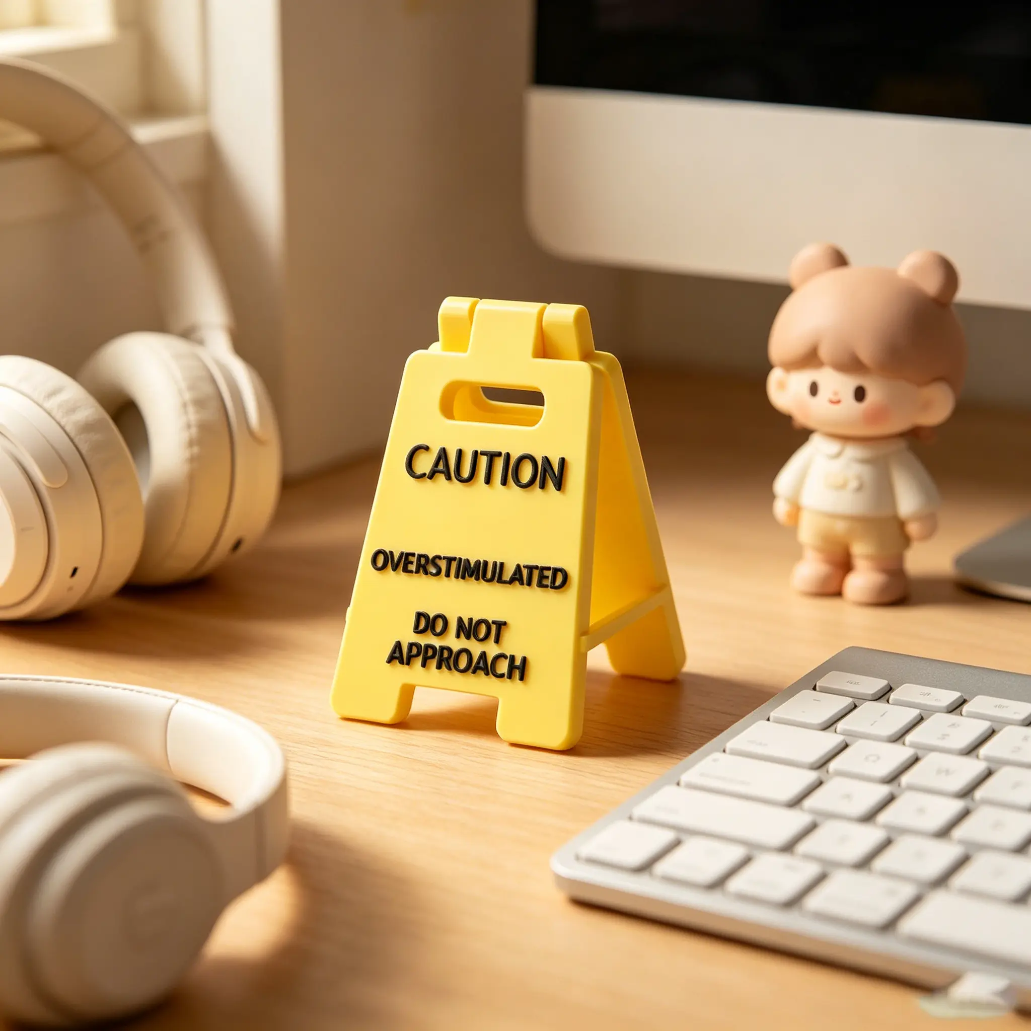 Caution Overstimulated Desk Sign - Yellow Sign with Black Text, Funny Joke Gift for Colleagues, Boss & Employees, Mini Novelty Desk Decoration