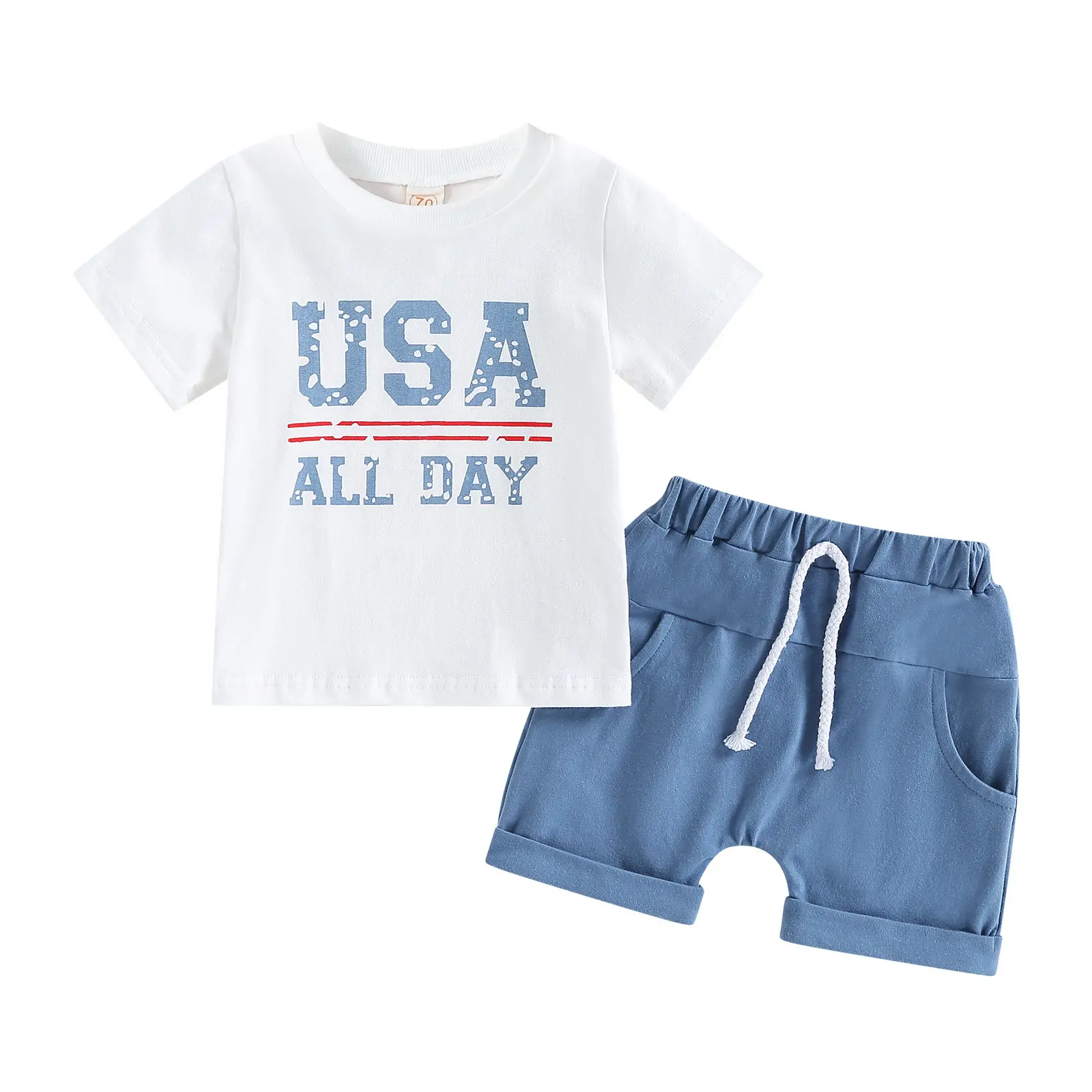 Independence Day Kids Boys Clothes Suits Letter Print Crew Neck Short Sleeve T-Shirts Tops and Shorts 2Pcs Set