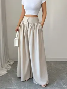 New Women's Casual Elegant Minimalist Fashion Pleated Wide Leg Pants, Light Long Loose Fit Jeans for Daily Wear, Everyday Comfortable & Stylish Bottoms