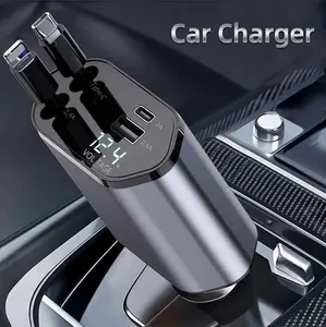 4-in-1 Retractable Car Charger, 100W USB-C Fast Adapter with Lightning Cable & Dual Ports for iPhone, iPad, AirPods, Samsung, Google Pixel,Compatible with 12V-24V Cars