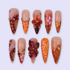Autumn Press On Nails with 3D Leaves & Gradient Orange | Butterfly Fake Nails in Long Almond | Handmade Nail Art for Fall Parties Or Gifts