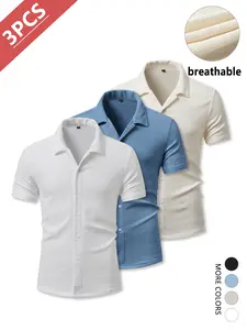 3-Pack Men’s Business Casual Short Sleeve Shirts, Slightly Stretchable, Wrinkle-Resistant Slim Fit, Comfortable Breathable Fabric, FathersDayGift
