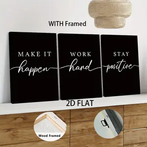 3pcs Framed  Make It Happen Canvas Wall Art with Wooden Frame Motivational Quote Print Modern Minimalist Decorative Artwork Home Decor for Living Room Bedroom Office Inspirational Wall Decor Ready to Hang Black and Wh