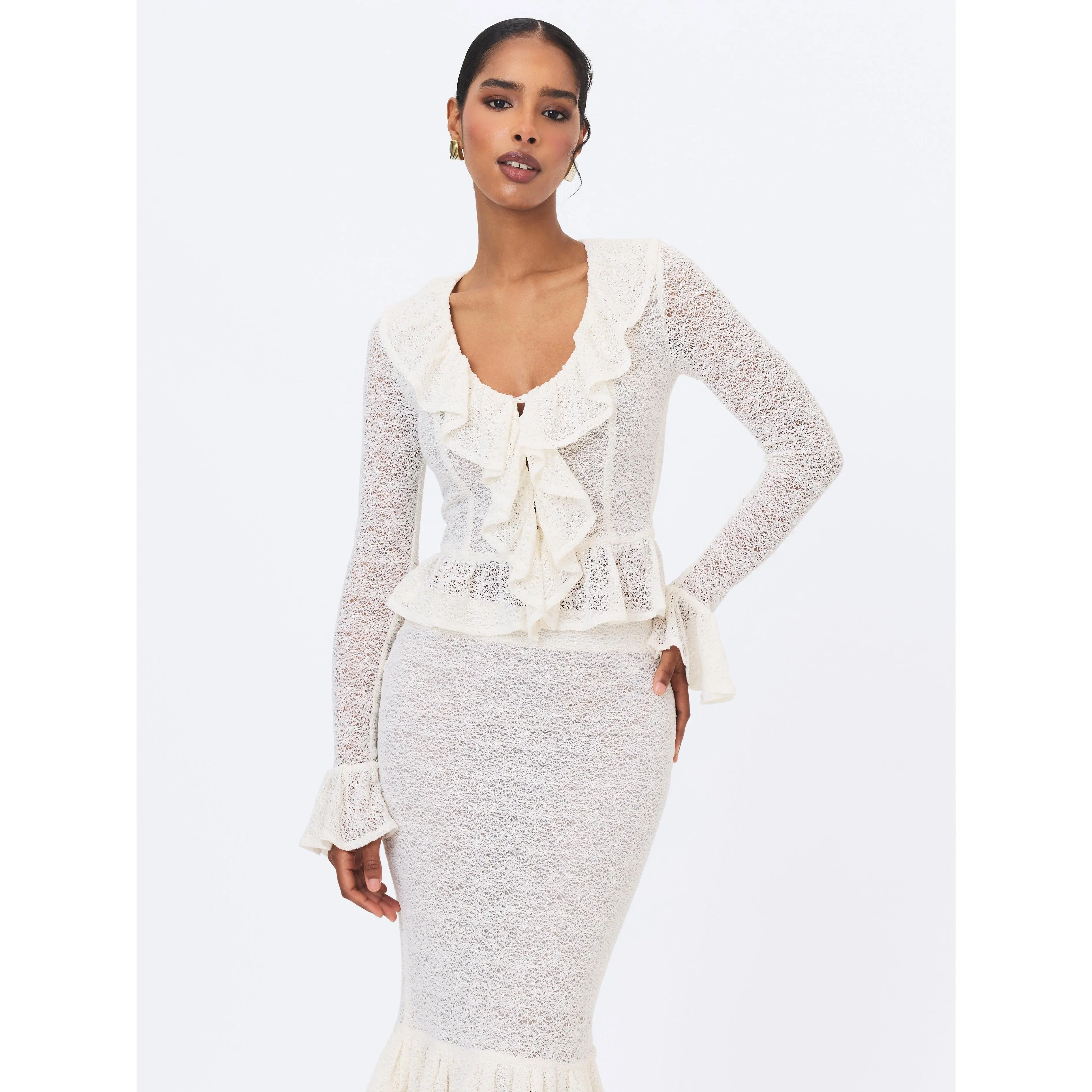 Urva Ivory Crochet Ruffle Front Button Top