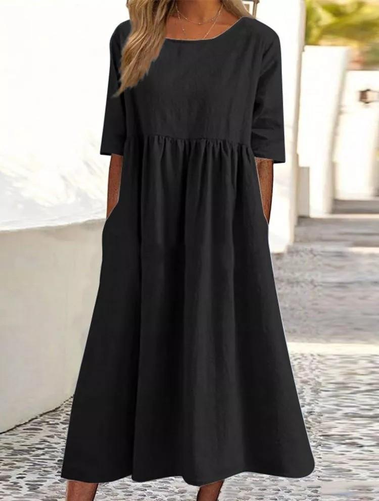 Women's Oversized Cotton Linen Dress Casual Half Sleeve Crewneck Flowy Midi Smock Dresses with Pockets Plus Size S-5XL