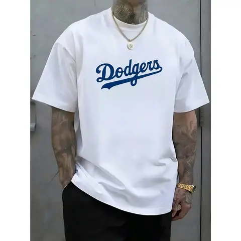 Men's Athletic Graphic Loose-Fit Short-Sleeve Round Neck T-Shirt - Blue Baseball-Style Casual Sports Tops, Soft Breathable Streetwear, Sporty Vintage-Inspired Summer Top, Sporty Sports Tops
