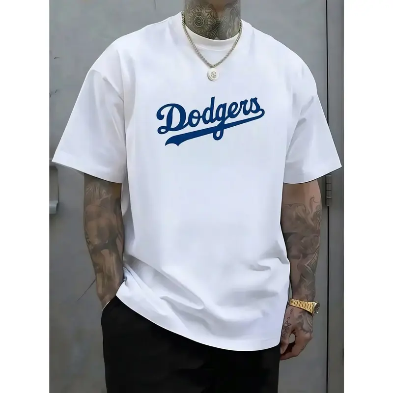 Men's Athletic Graphic Loose-Fit Short-Sleeve Round Neck T-Shirt - Blue Baseball-Style Casual Sports Tops, Soft Breathable Streetwear, Sporty Vintage-Inspired Summer Top, Sporty Sports Tops