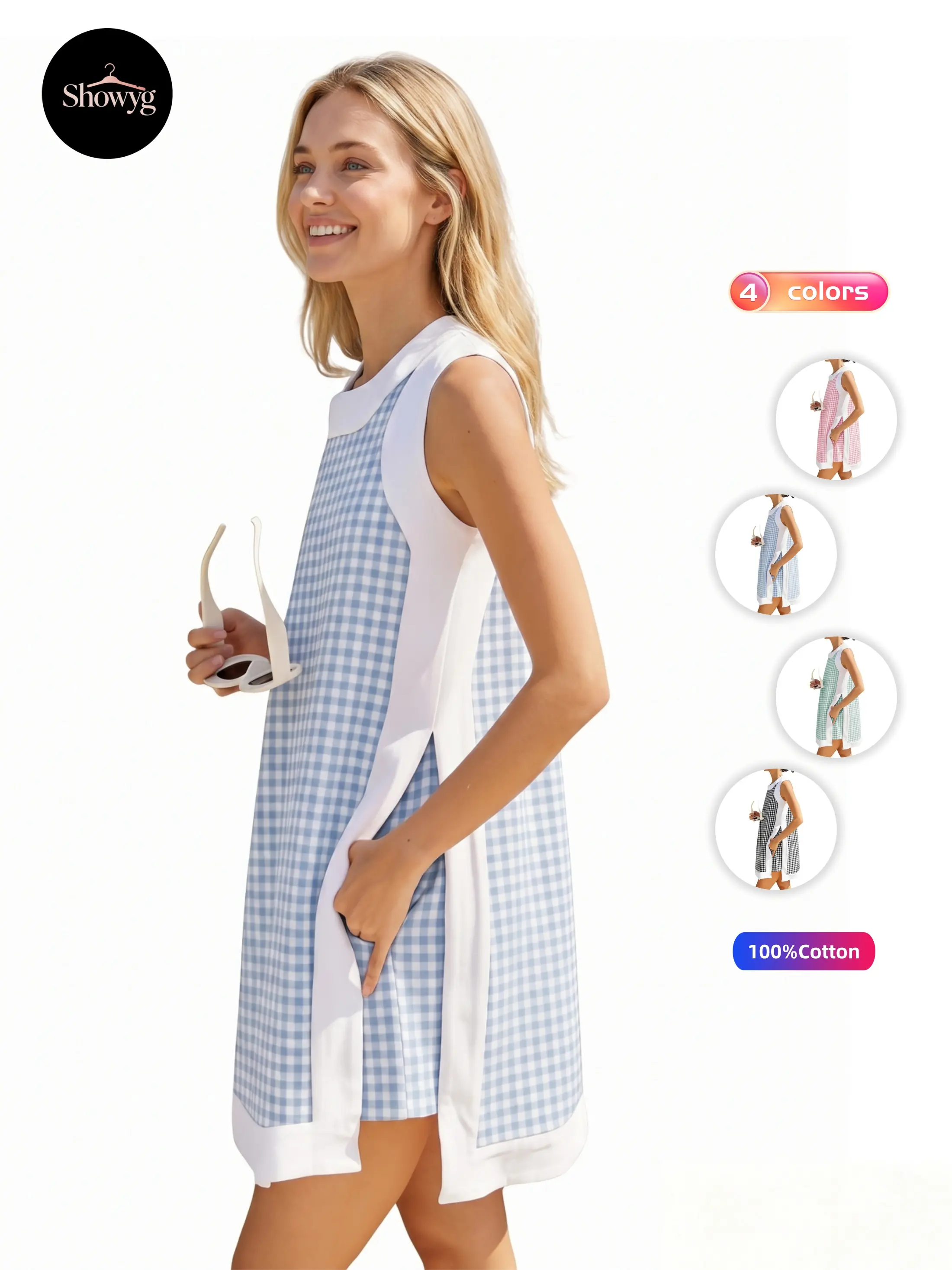 Showyg Women's Chic Gingham 2 Piece Set, 100% Cotton Loose Fit Tunic & Shorts Outfit with Square Neck, Side Slits, and Pockets, Minimalist, Colorblock, Cold Wash, Casual, Contrast Binding, Cute, Dress, Picnic & Brunch, Preppy, Sporty Chic, Two-Piece Gingh