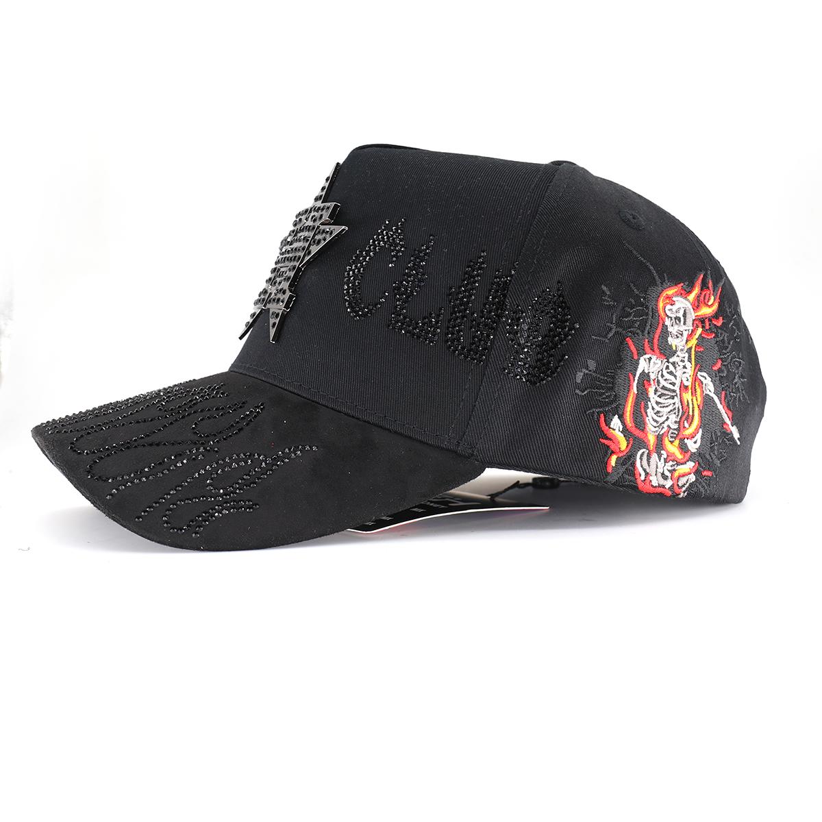 Flaming Skeleton Rhinestone Streetwear Snapback Hat - Black Embroidered Hip Hop Baseball Cap, Unisex Adjustable Urban Street Style Headwear